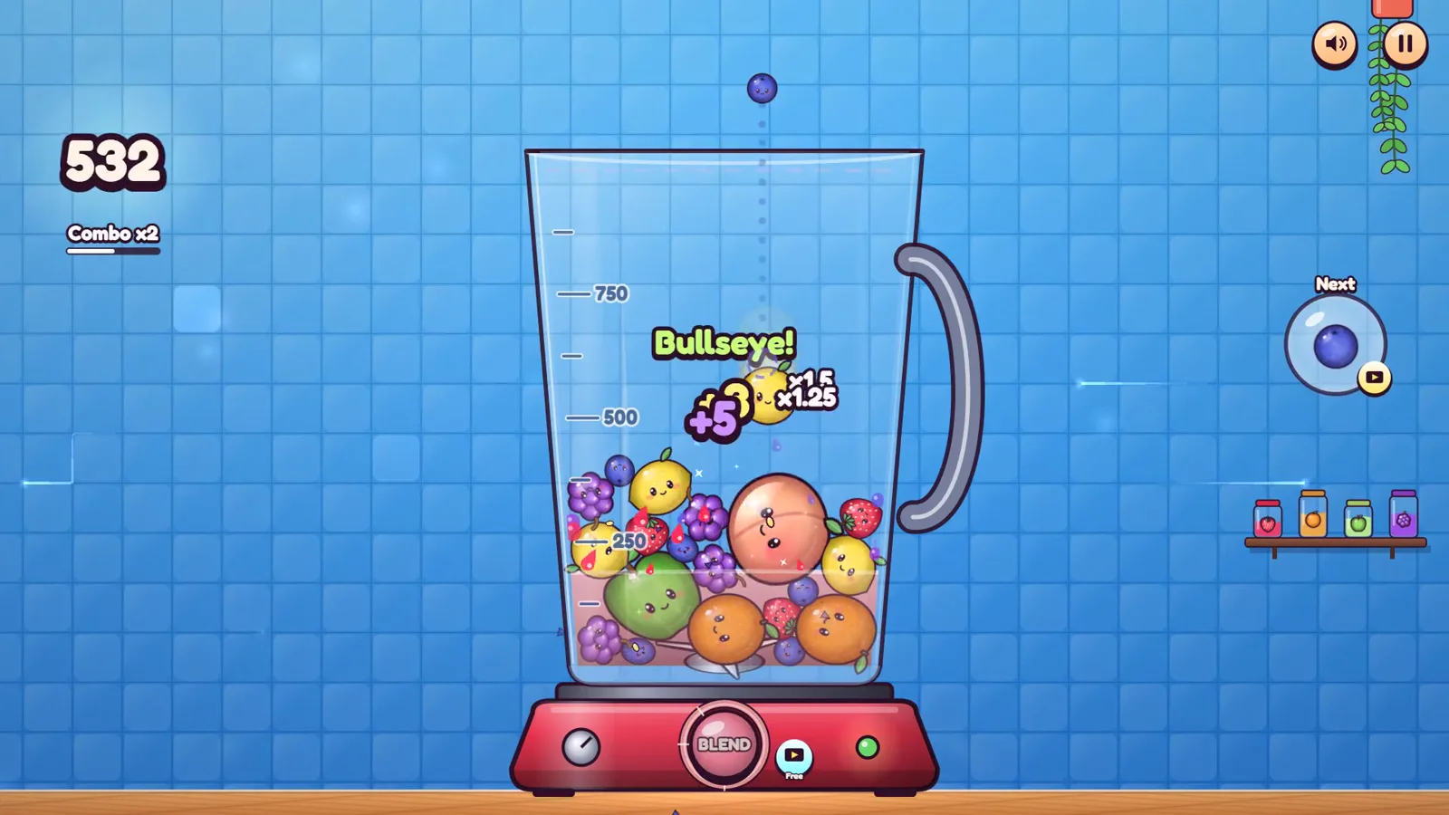 Plop! Fruit Merge com frutas sorridentes no liquidificador, a mensagem Bullseye, combo x2 e placar 532