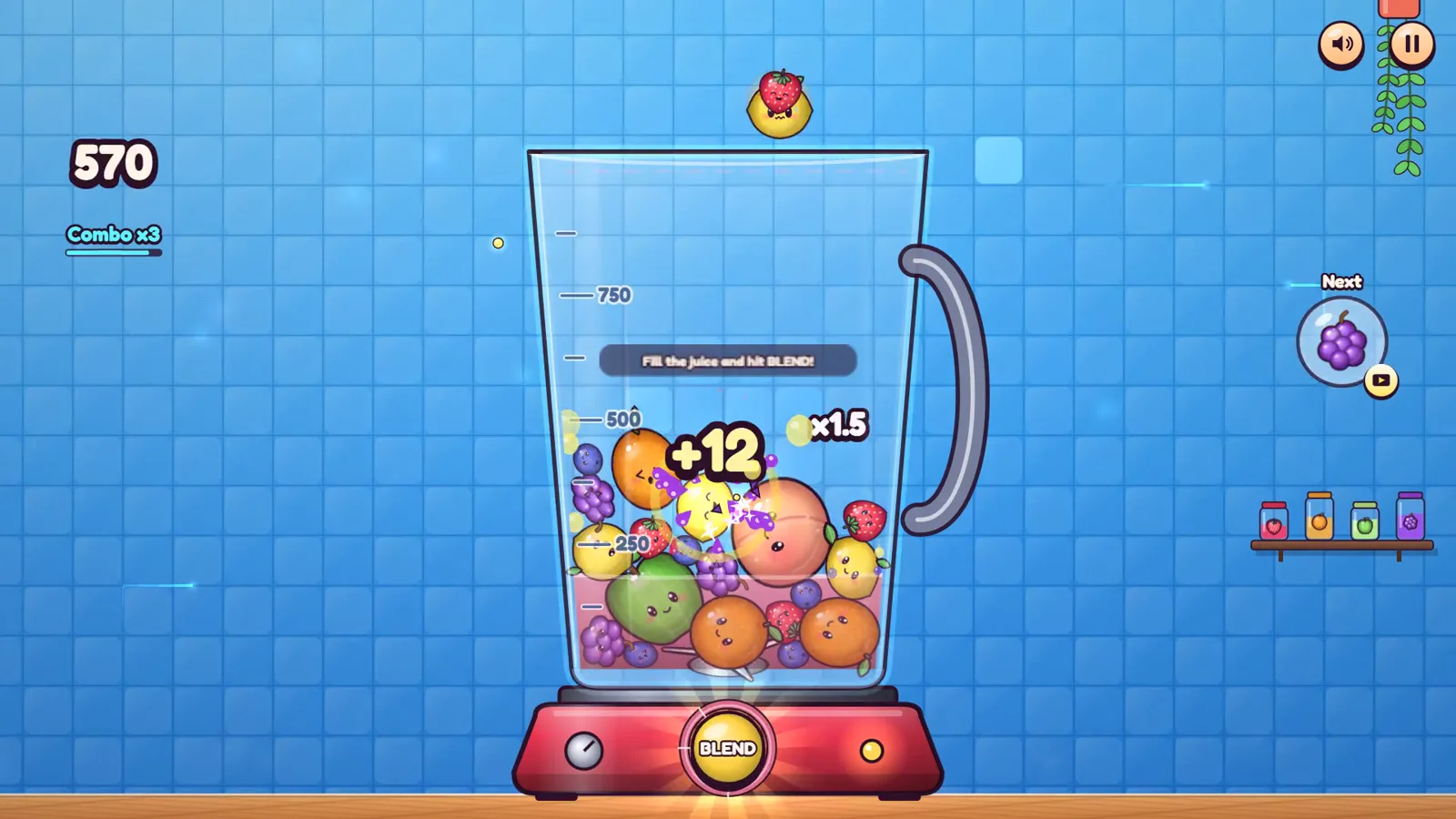 Plop! con una licuadora llena de frutas sonrientes, marcador 570, combo x3, medidor de jugo marcado en 250, 500 y 750, bono +12 con multiplicador x1.5 y una enredadera con hojas colgando en la esquina superior derecha