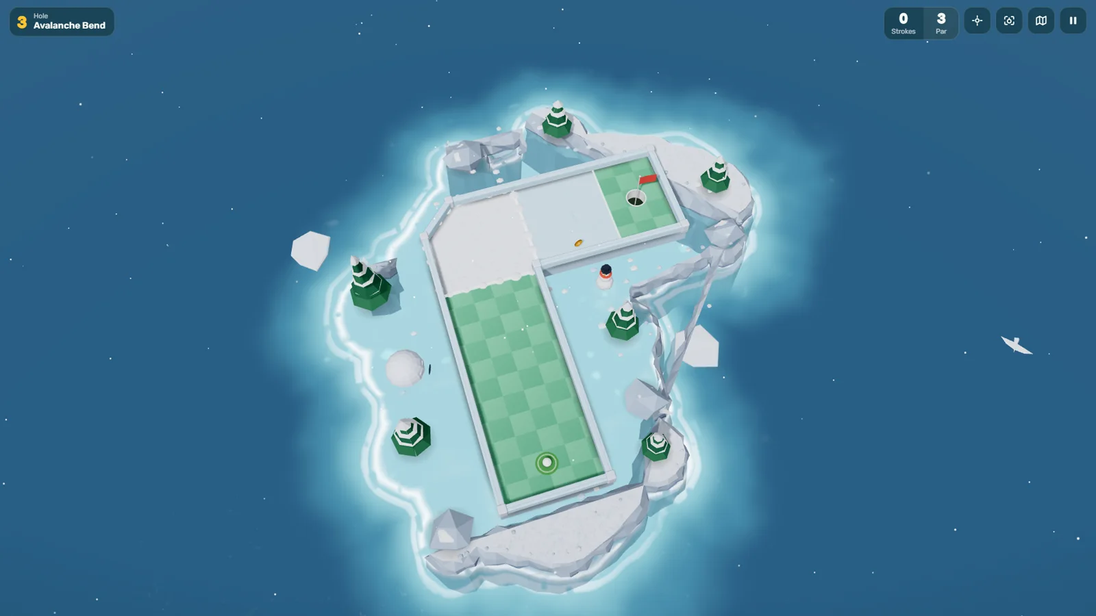 A Puttide course on an island of ice and snow surrounded by water, with snowy pines and ice blocks