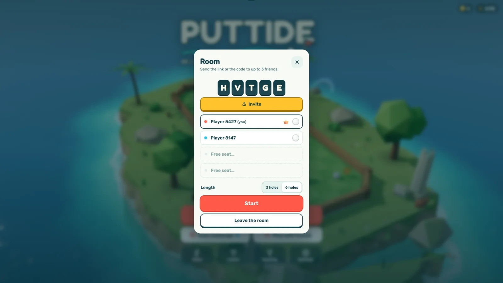 Puttide room with the invite code, the player list and the choice of 3 or 6 holes