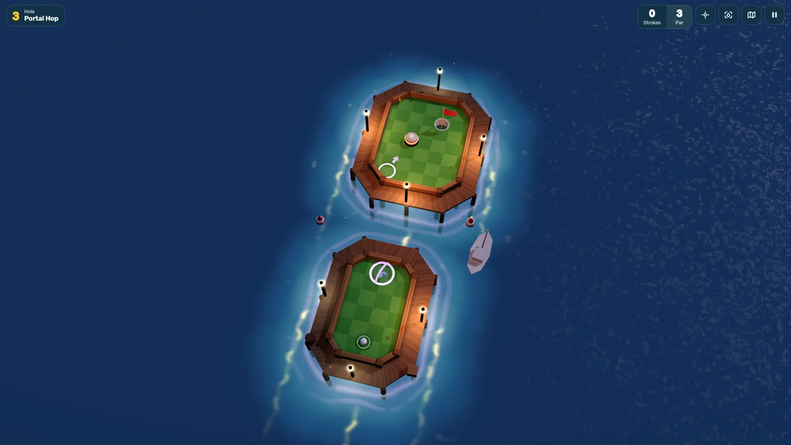 Two Puttide courses on wooden piers lit by lamps, on the sea at night