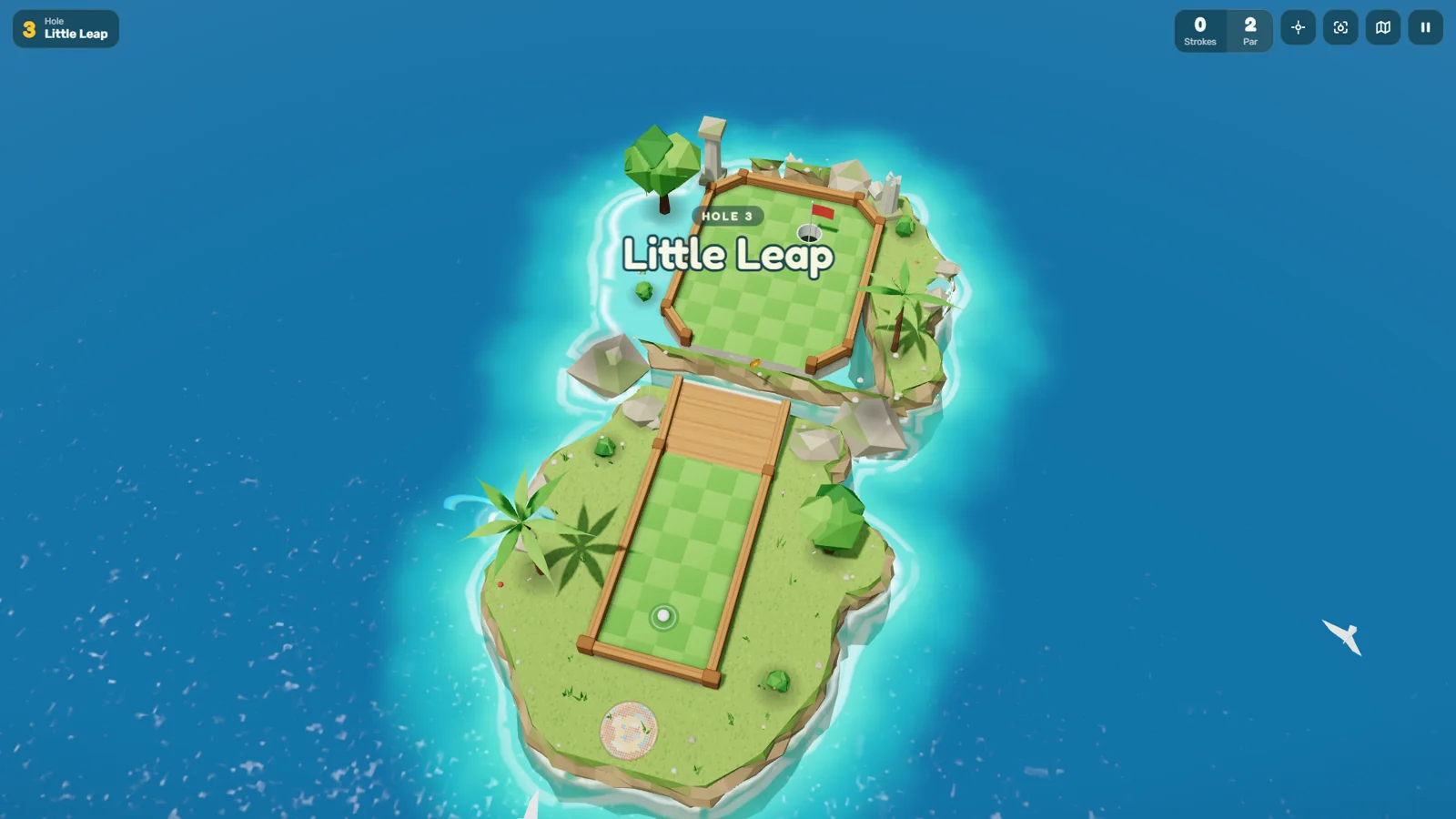 A Puttide course called Little Leap, on two green islands with palm trees surrounded by light blue sea