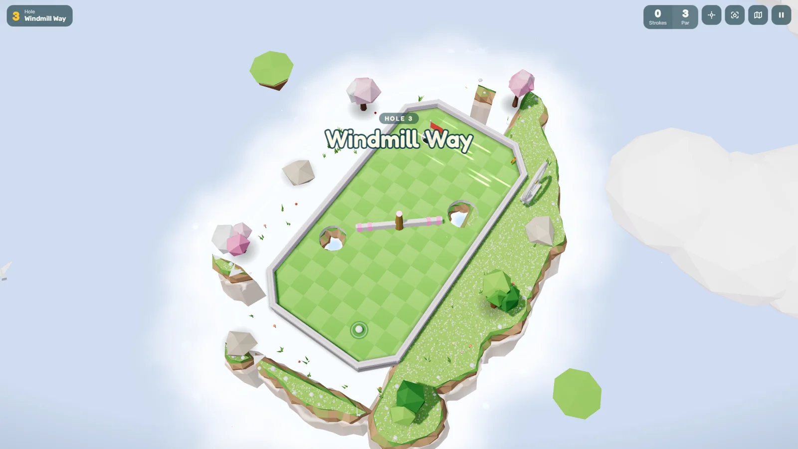 A Puttide course on an island among the clouds, with grass, a windmill and the name Windmill Way on screen