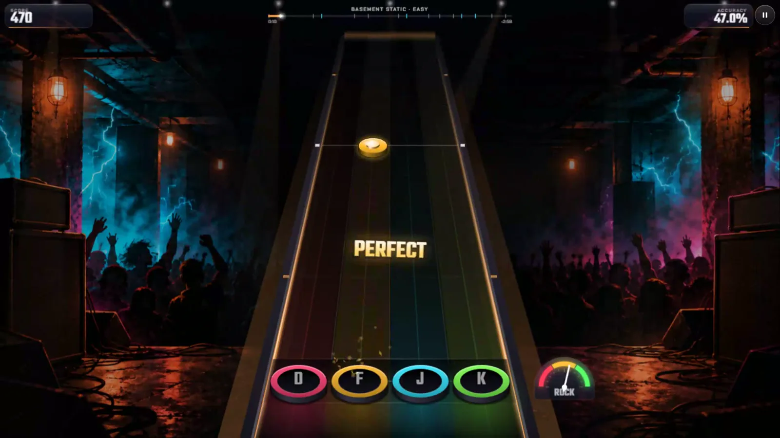 Riffvolt with a PERFECT rating in the middle of the four lanes and the ROCK meter in the corner
