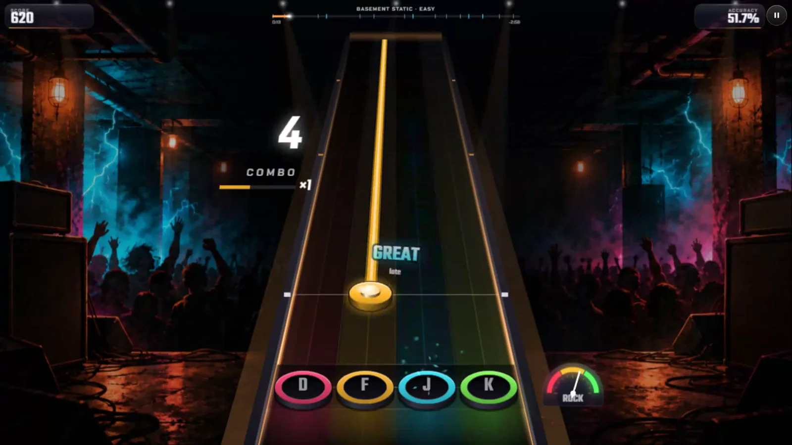 Riffvolt with a GREAT rating, a 4 combo and a long note held on the yellow lane