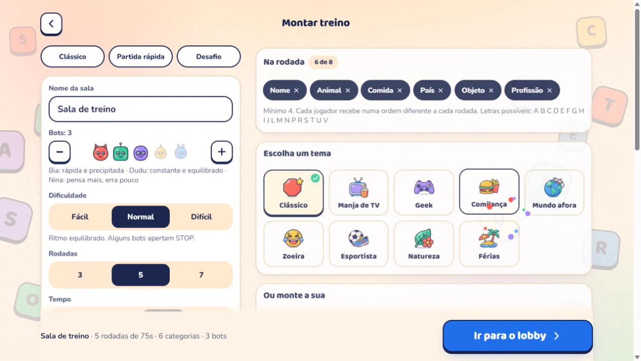 Pantalla para armar el entrenamiento del Stop! con las categorías Nombre, Animal, Comida, País, Objeto y Profesión, los temas listos y la lista de letras posibles