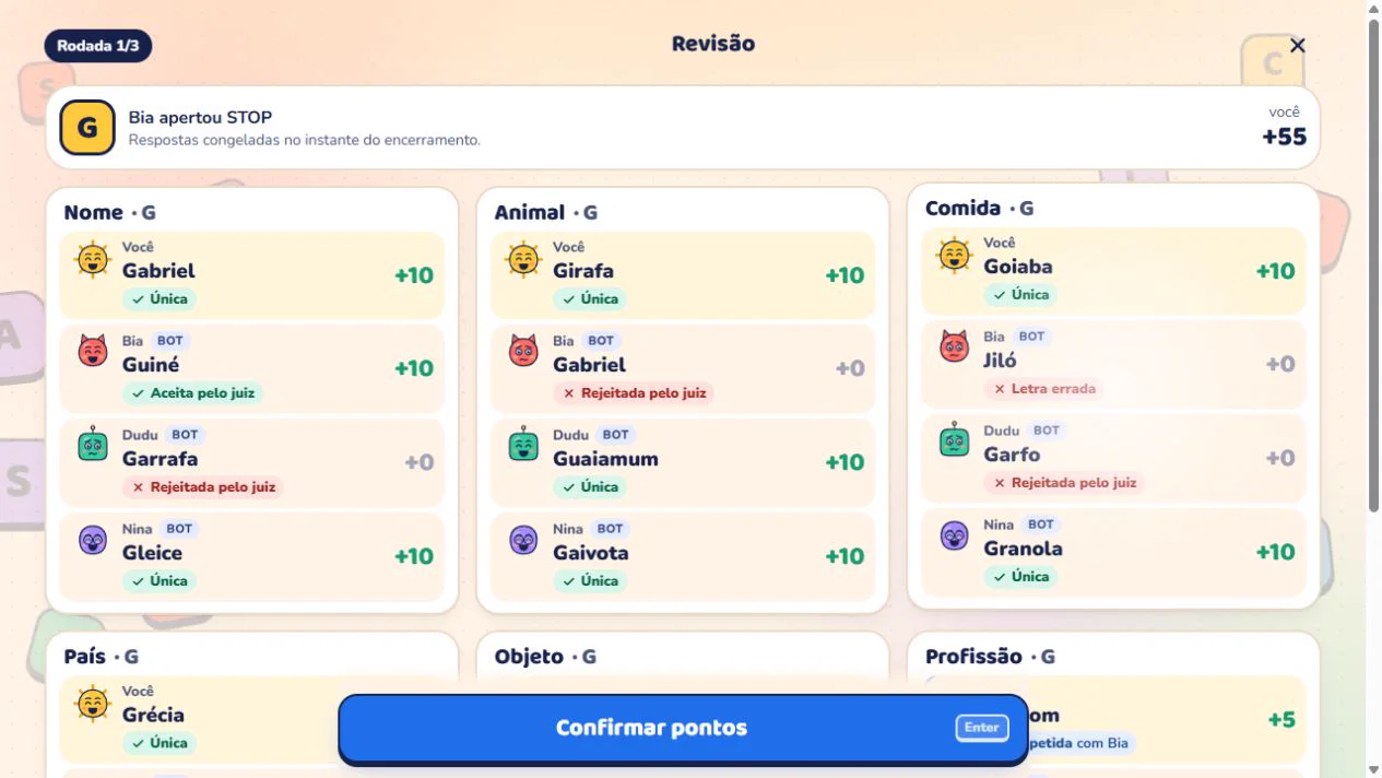 Stop! answer review for the letter G: Goiaba (guava) scores 10 points under Food and Jiló is marked as the wrong letter