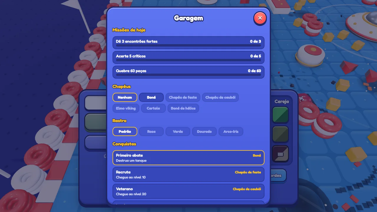 The garage: daily missions, hats and achievements.