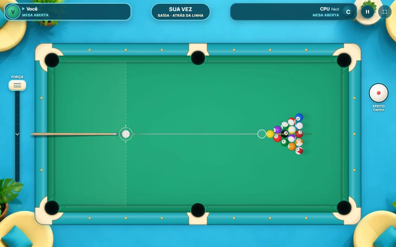 Velvet Pool table with the balls racked and the cue lined up on the cue ball
