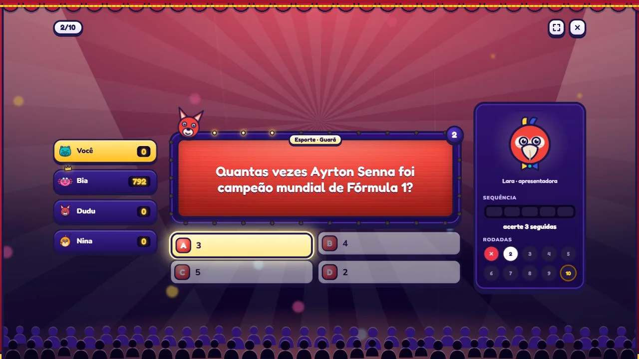 Pergunta de esporte no Zabum! com quatro alternativas e o placar dos jogadores