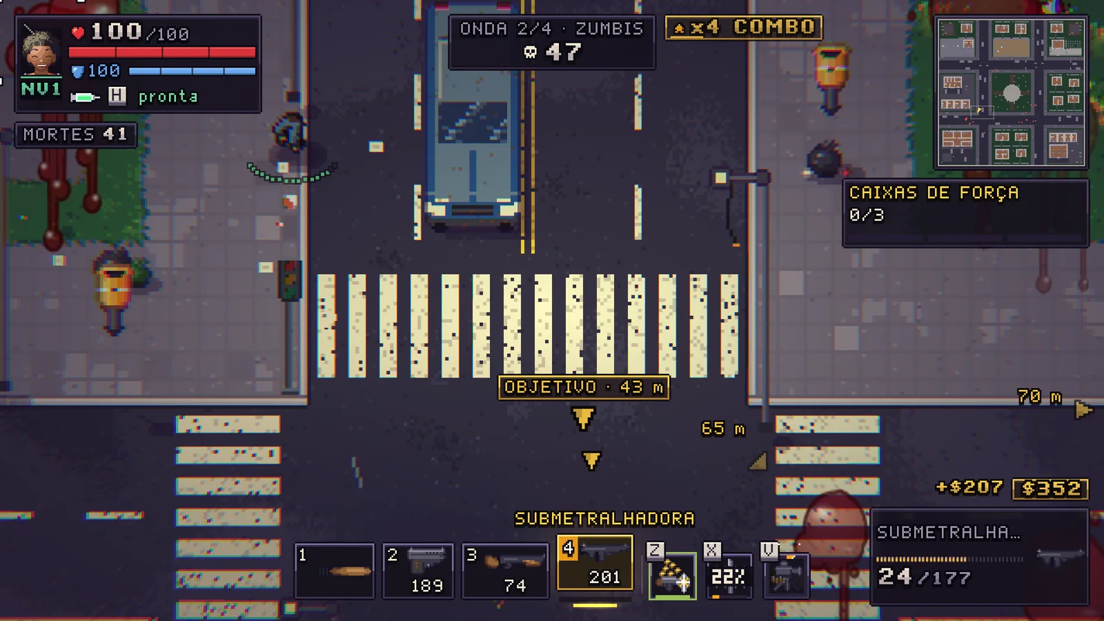 Top-down pixel-art city street in Zombra Survivor, with zombies, parked cars and the wave counter at the top