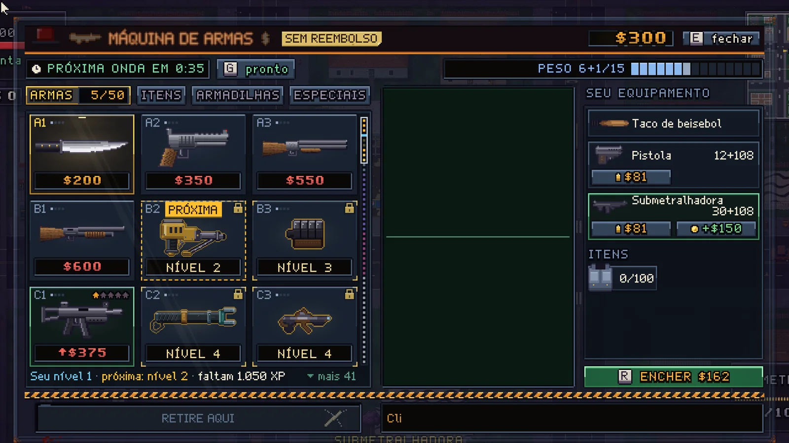 Zombra Survivor weapon shop in pixel art, with icons of a machete, pistol, shotgun and other weapons with prices
