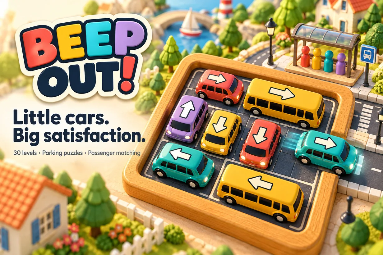 Beep Out: små biler, stor tilfredsstillelse. 30 baner, parkeringspuslespil, passagermatchning.
