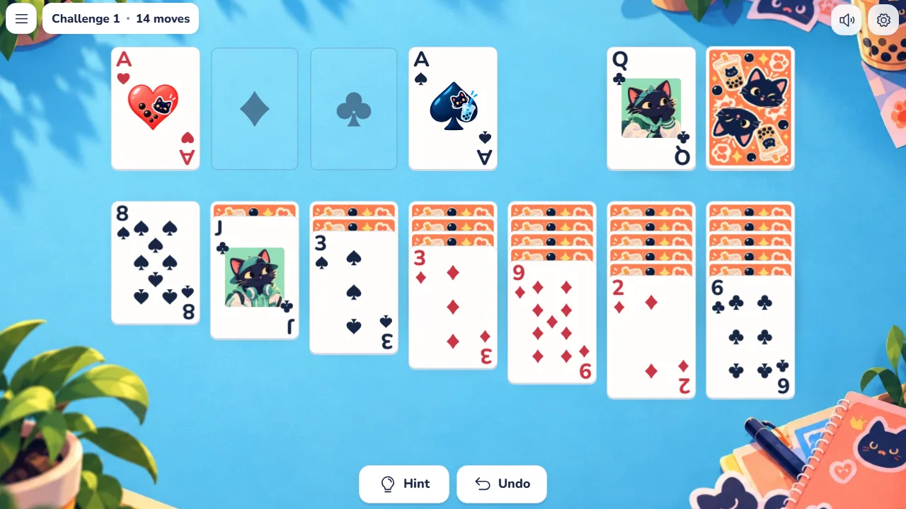A Klondike game in progress at the Boba Café table.