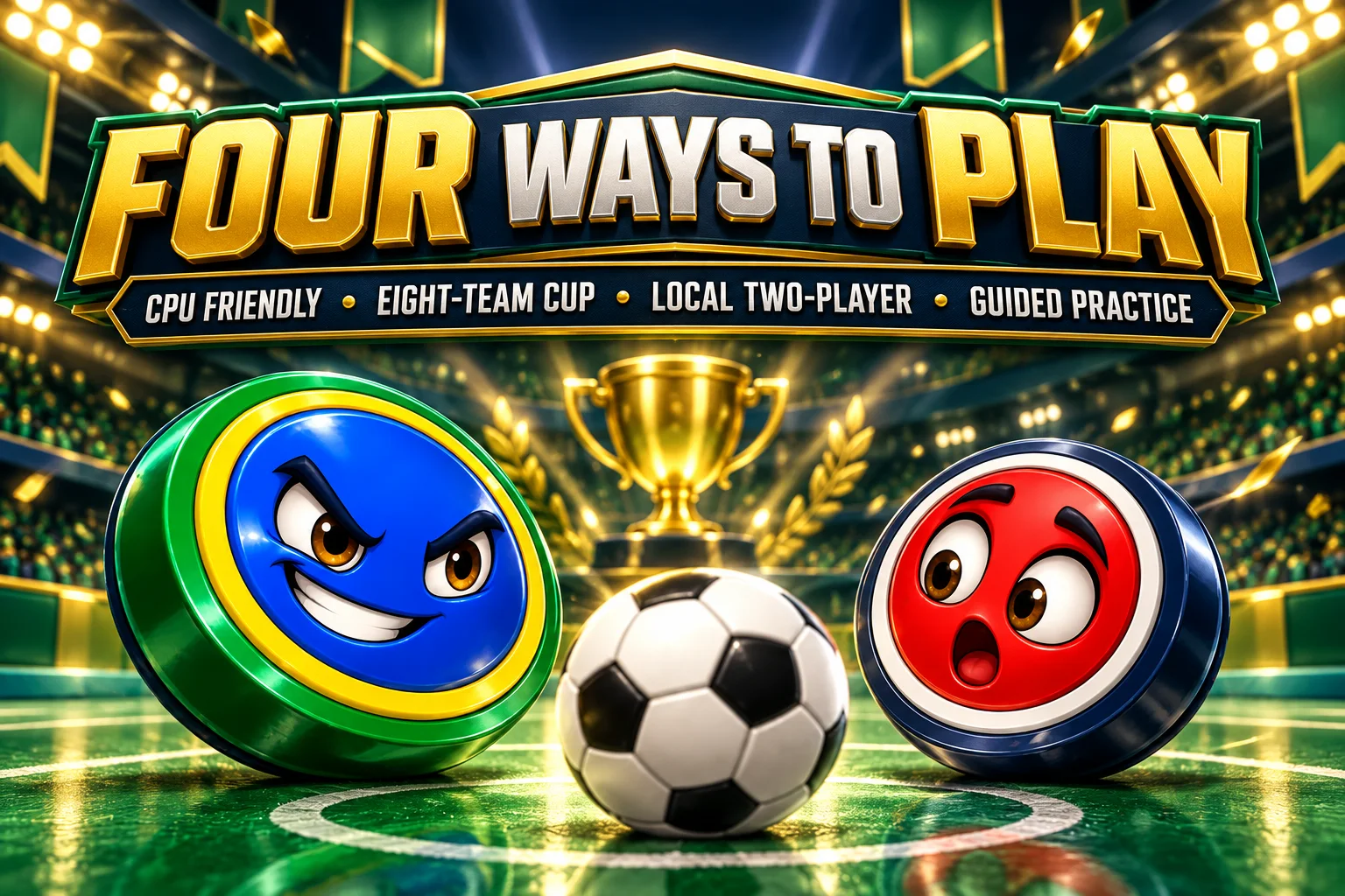 Golazo HTML5 tabletop football: four ways to play, a friendly against the CPU, an eight-team Cup, Practice and two players on one device.