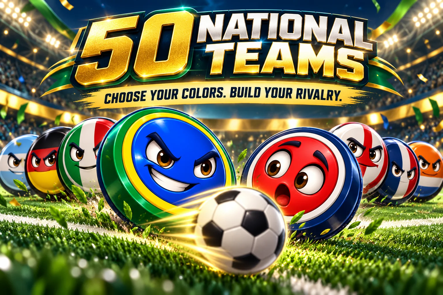 Golazo roster with 50 selectable national teams, each with its flag and home and away colours.