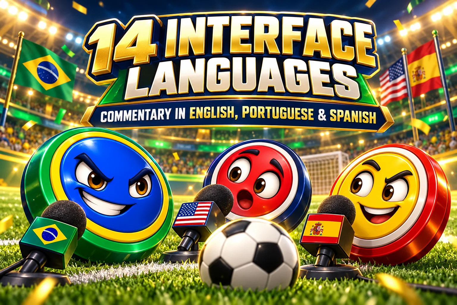 Golazo in 14 interface languages, with recorded commentary in English, Brazilian Portuguese and Spanish.