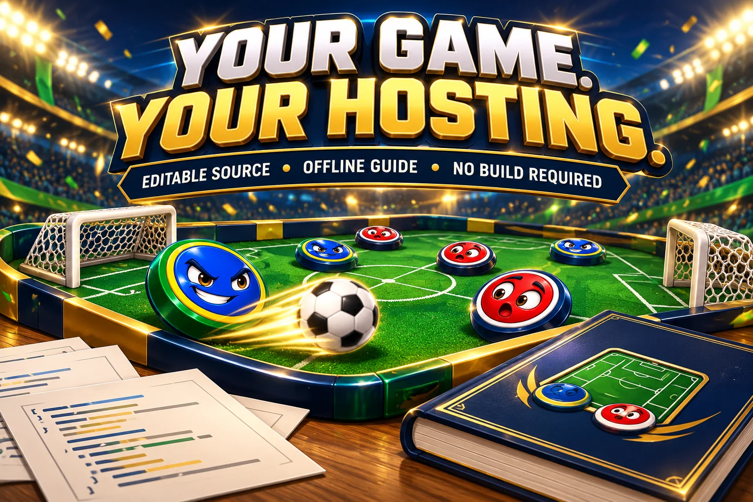 Golazo complete HTML5 template: editable JavaScript source, ready-to-host game folder and illustrated offline guide.