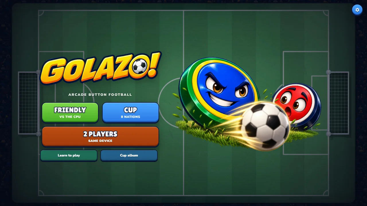Main menu: friendly vs the CPU, 8-nation Cup, two players on one device, Learn to play and Cup album.