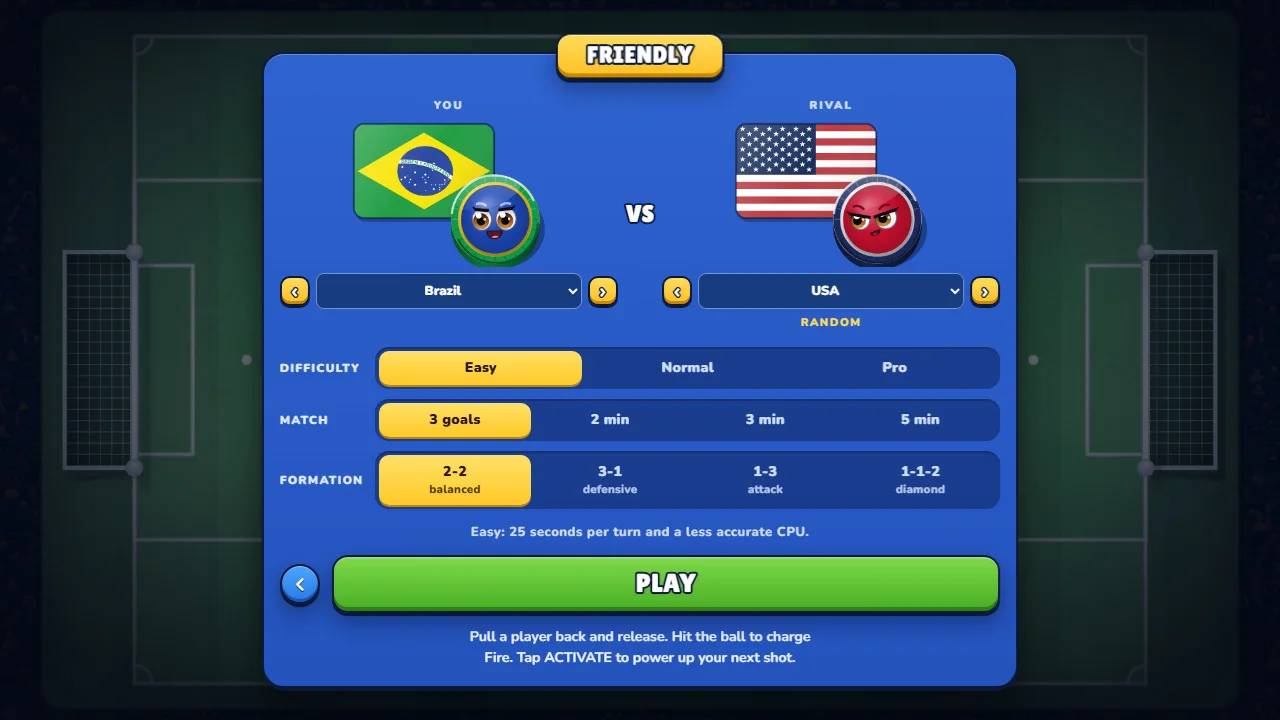 Friendly setup: teams, CPU difficulty, match length and formation.