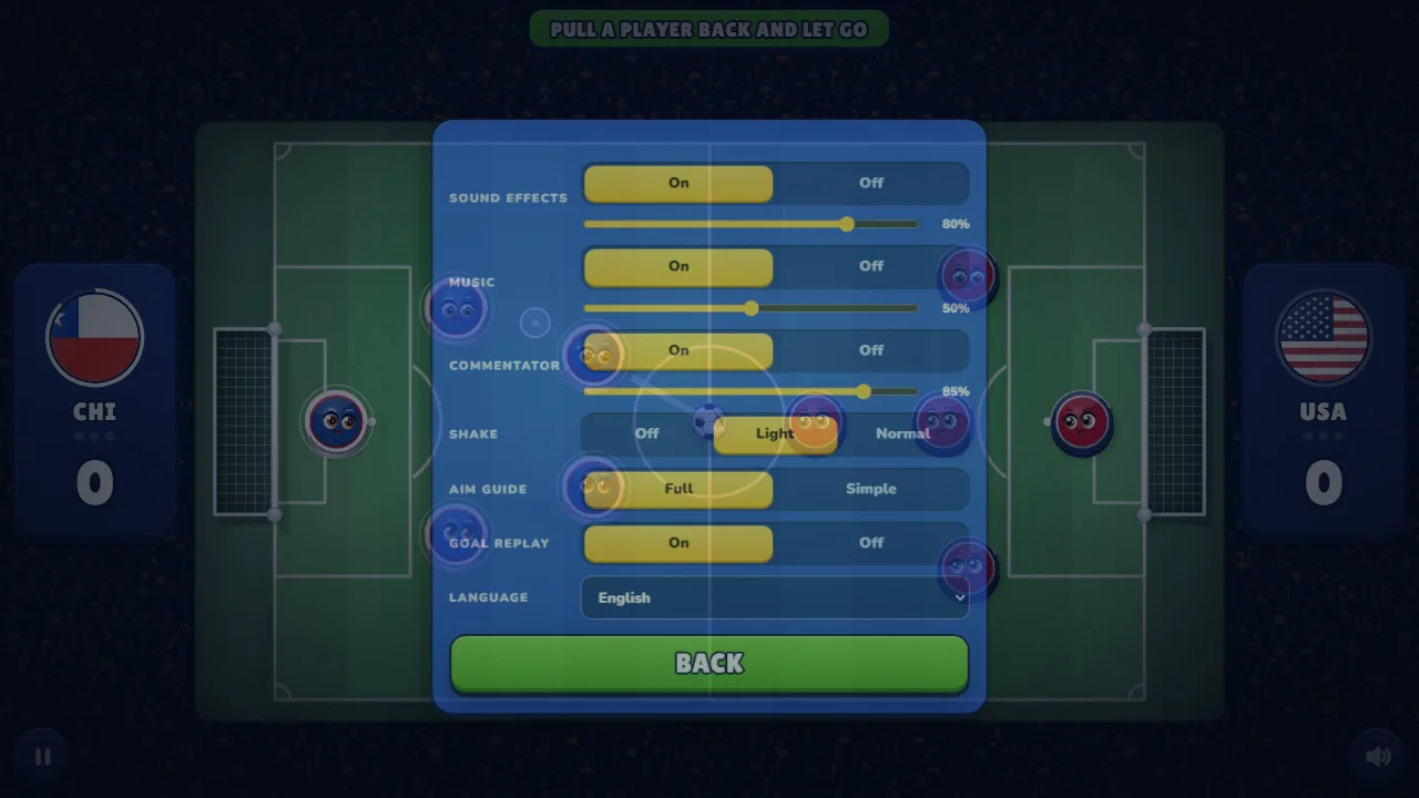 Settings with 14 languages and separate music, effects and narrator levels.