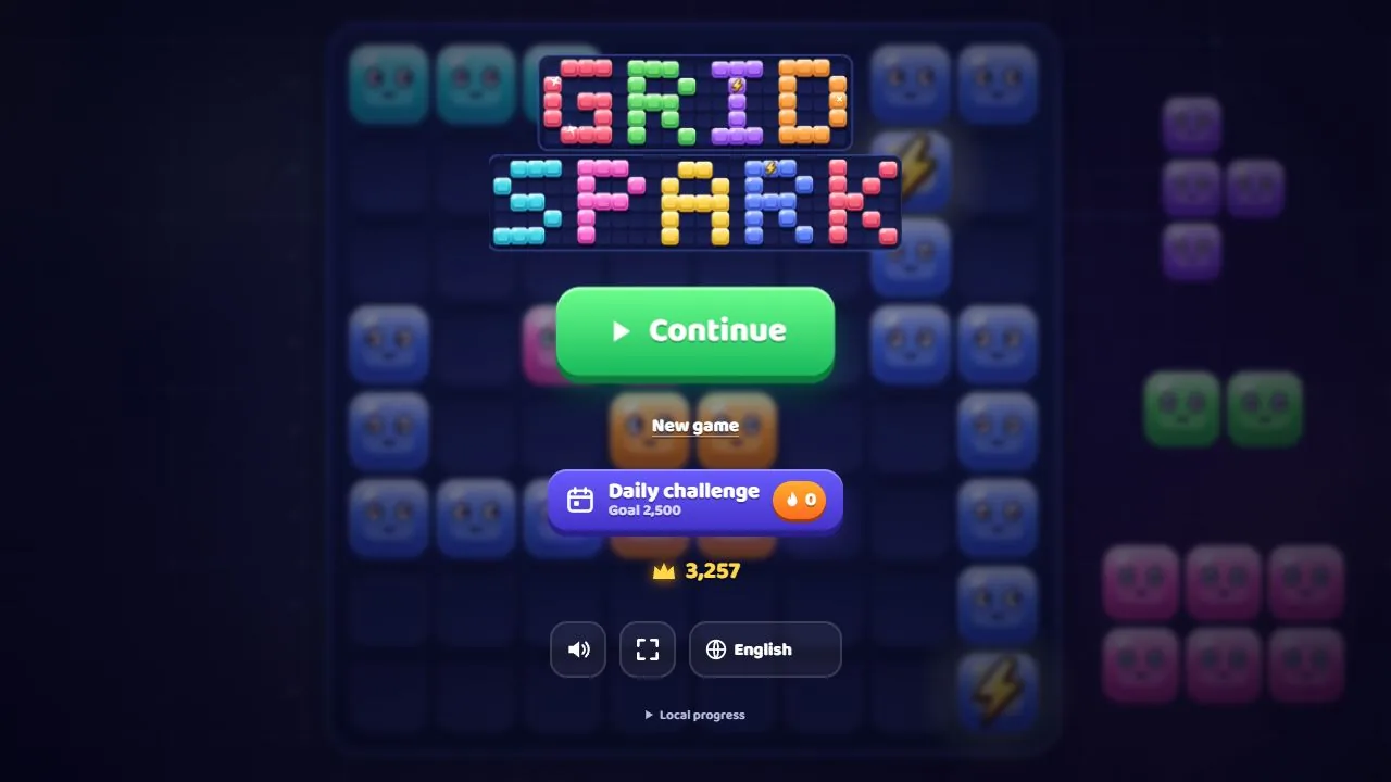 Main menu: continue, new game, daily challenge, sound, fullscreen and language.