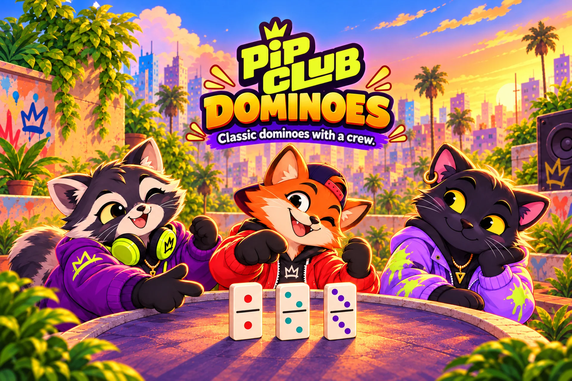 Pip Club Dominoes: Rico, Faísca and Nix around a domino table on a rooftop at sunset.