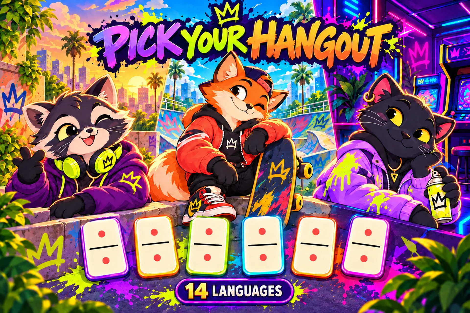 Pick your hangout: Rooftop, Skate Park and Midnight Arcade, six tile sets and 14 languages.