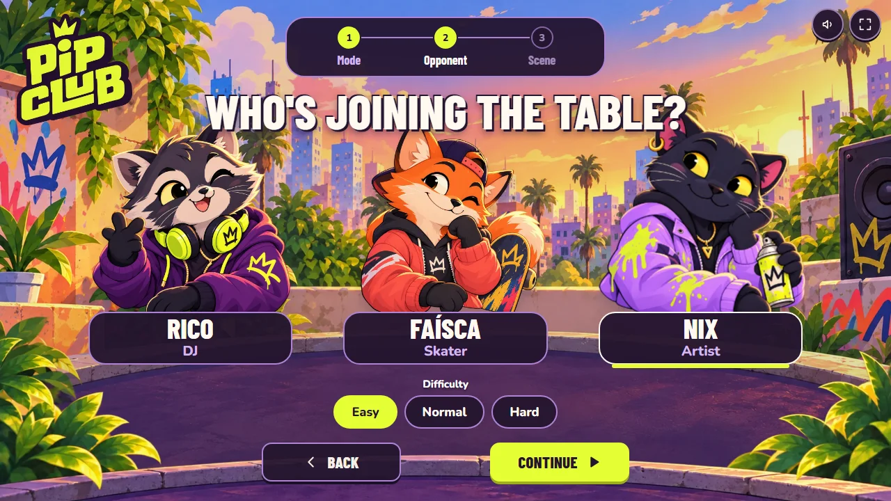 Choosing the opponent (Rico, Faísca or Nix) and the difficulty.