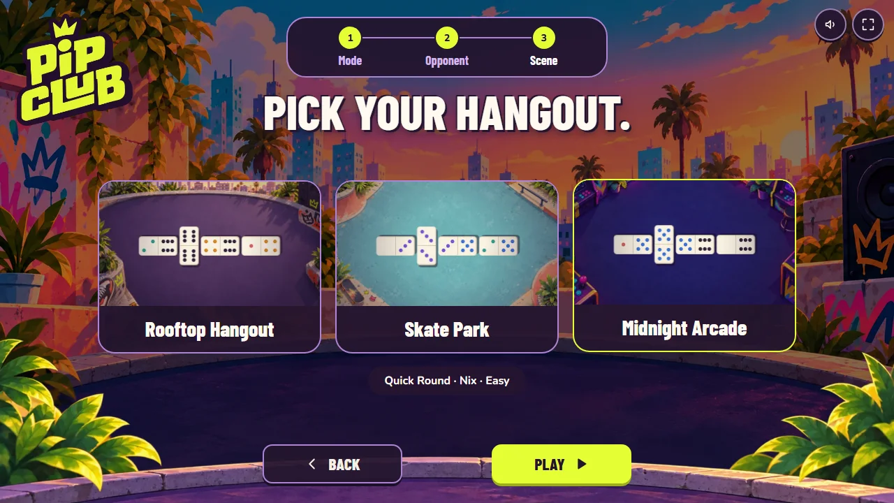 Choosing the hangout: Rooftop, Skate Park or Midnight Arcade.