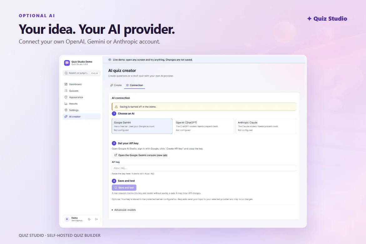 Skrin tal-konnessjoni tal-AI ta' Quiz Studio: agħżel Google Gemini, OpenAI jew Anthropic, waħħal iċ-ċavetta tiegħek stess u ittestjaha.