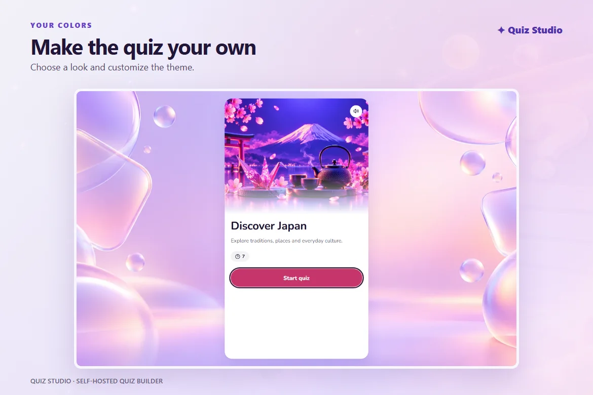 Karta tal-bidu ta' kwiż ta' Quiz Studio fuq sfond b'tema, b'kulur u buttuna li jistgħu jiġu personalizzati.