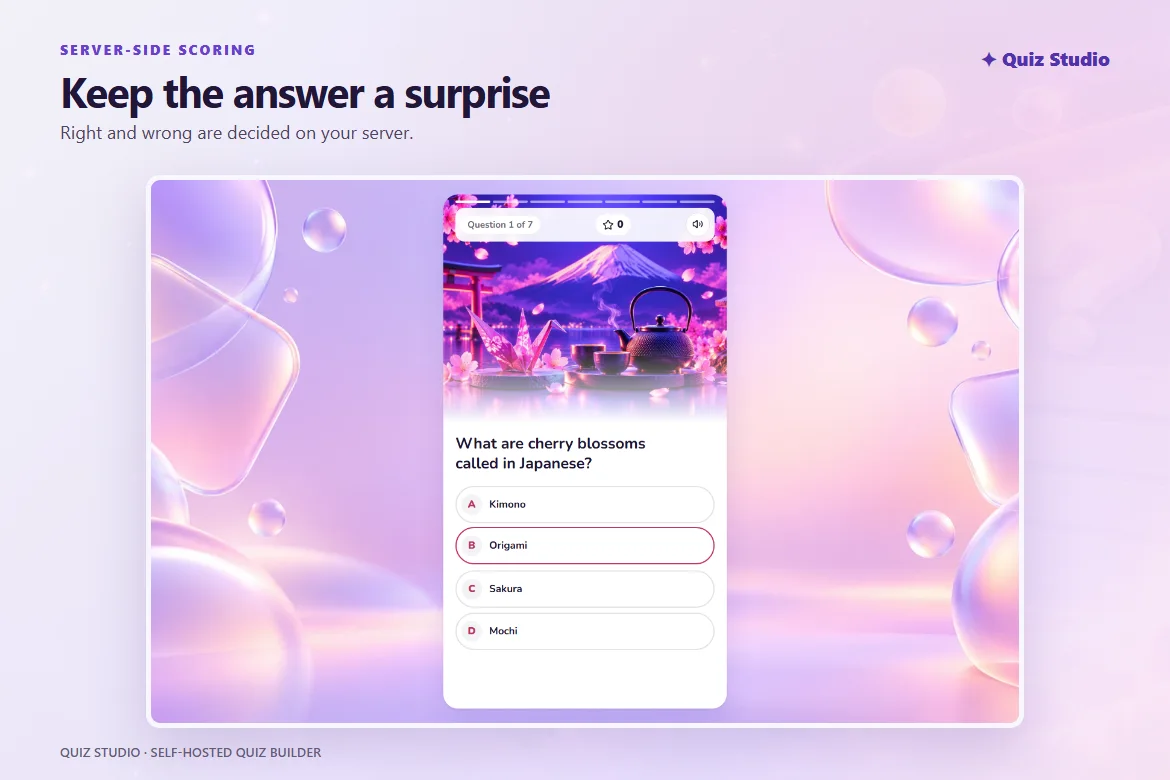 Plejer ta' Quiz Studio juri mistoqsija b'tweġibiet bl-ittri; it-tweġiba t-tajba tiġi deċiża fuq is-server.