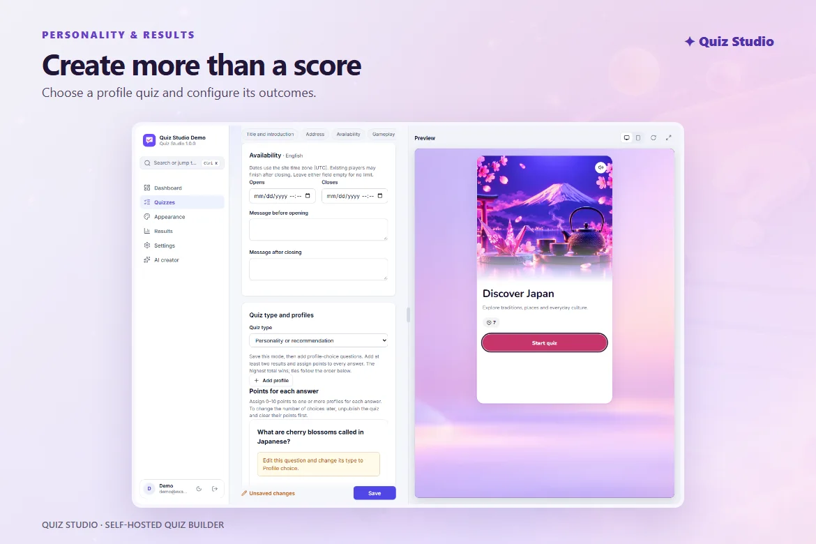 Editur ta' Quiz Studio għal kwiż tal-personalità: dati ta' disponibbiltà, tip ta' kwiż u profili tar-riżultat b'punti għal kull tweġiba.