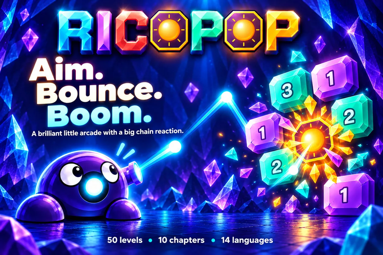 RICOPOP: Aim. Bounce. Boom. A colourful HTML5 ricochet arcade game with 50 levels, 10 chapters and 14 languages.