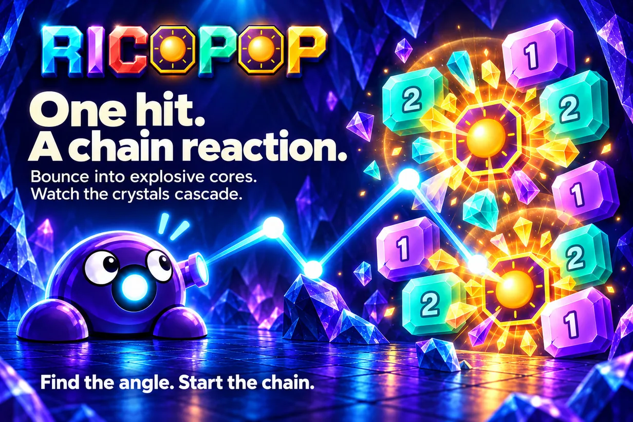 Bounce into explosive cores and trigger chain reactions through neighbouring crystals.