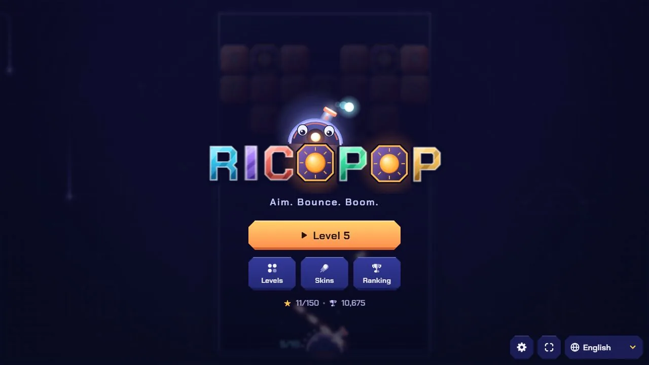 Title screen: continue, levels, skins, ranking and the language selector.