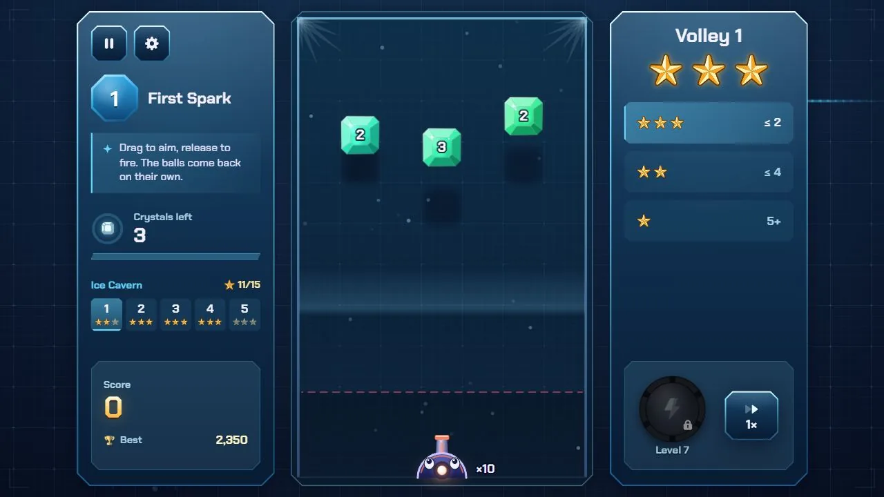 Level 1: crystals show their hit points, the cannon fires a volley of 10 balls and the panel shows the star goals.