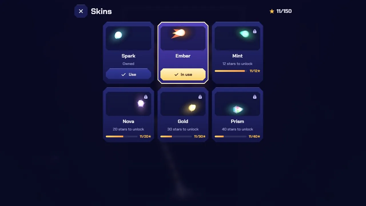 Six ball styles: Spark from the start, five more unlocked with campaign stars.