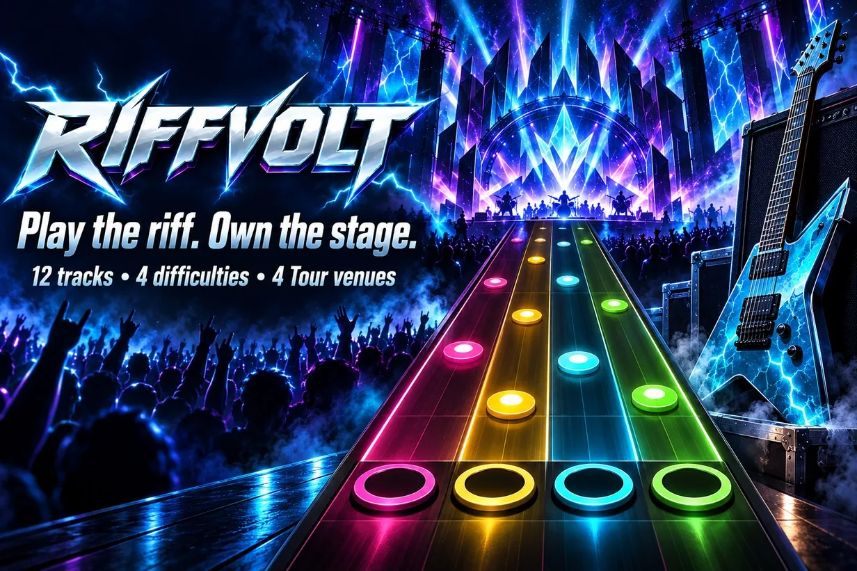Riffvolt: play the riff, own the stage. 12 tracks, 4 difficulties, 4 tour venues.