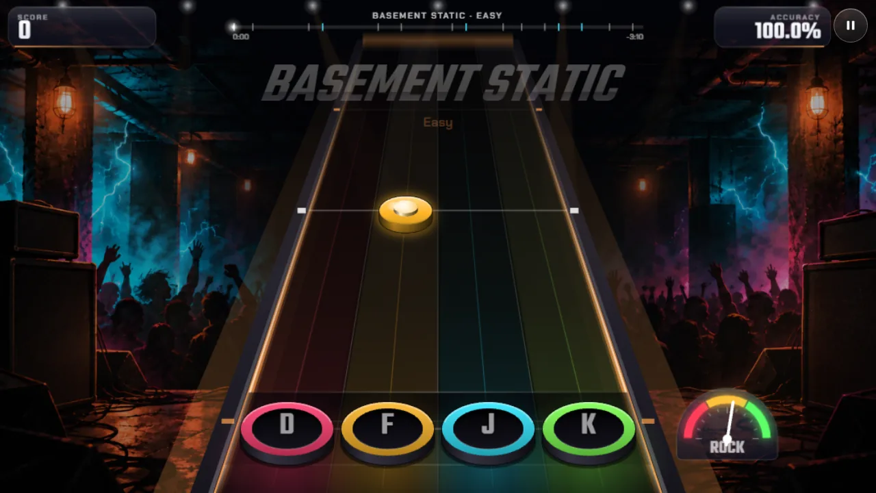 Four lanes on D, F, J and K, with score and accuracy.
