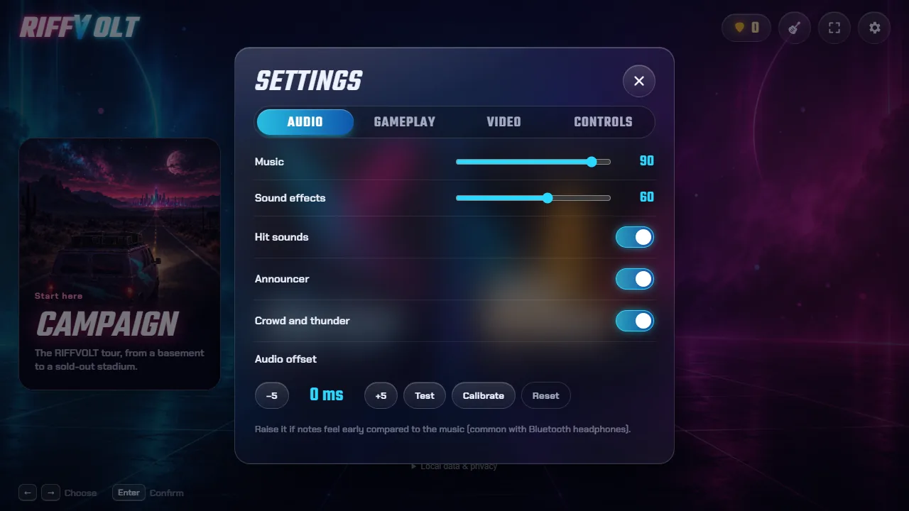 Settings: audio, gameplay, video and controls tabs, with audio calibration.