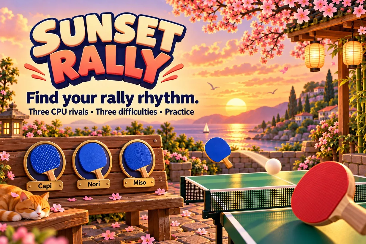 Find your rally rhythm: three CPU rivals, three difficulties and practice.