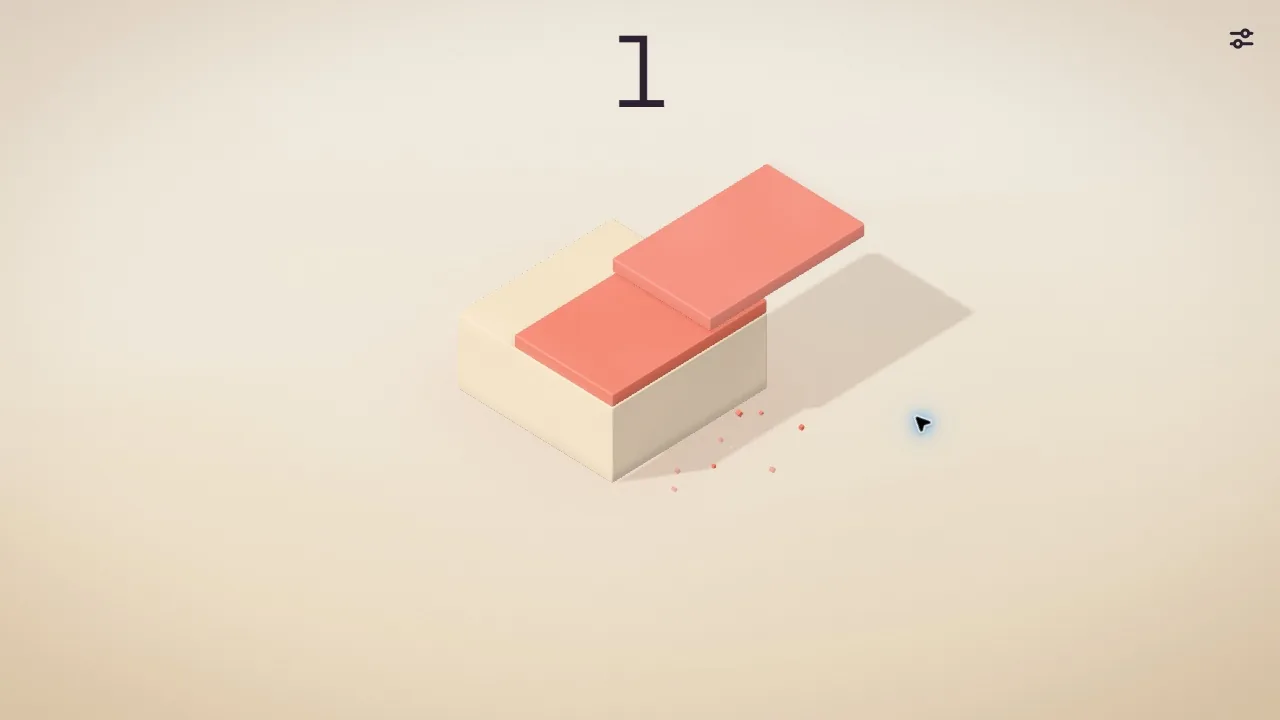 Gameplay: the moving slab lands and the overhang is cut away.