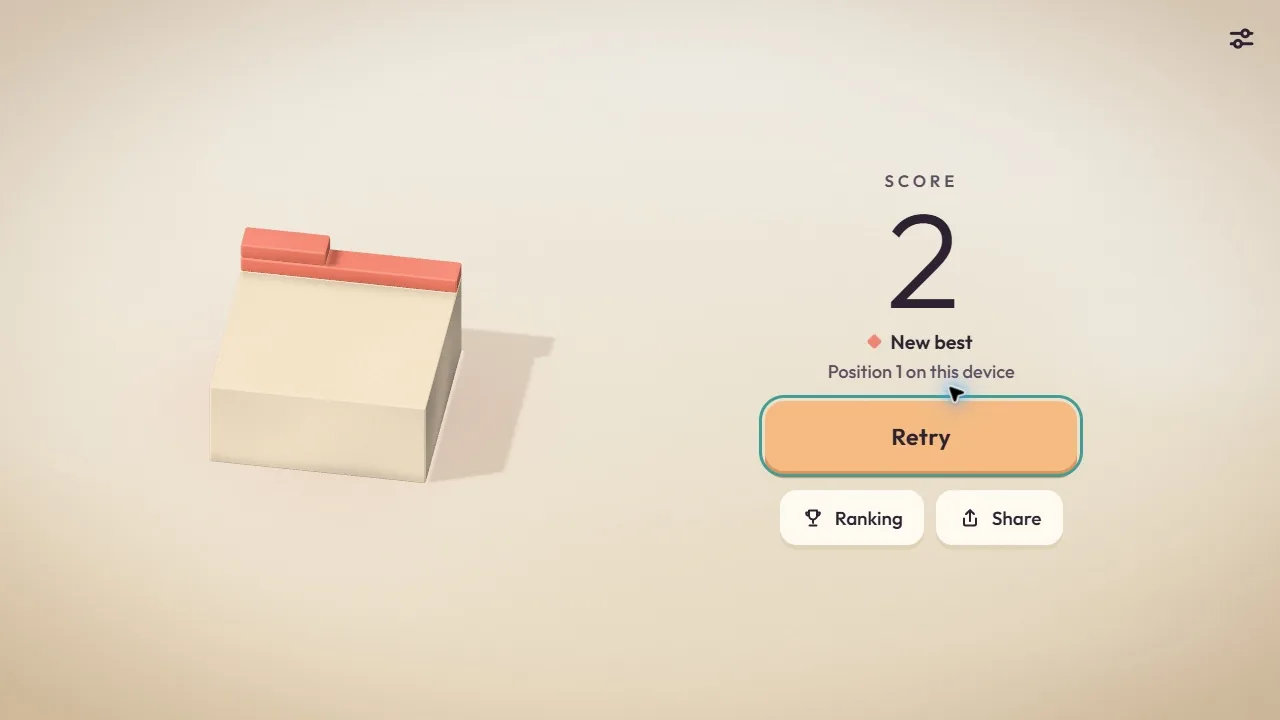 Result screen with score and a new best saved on this device.
