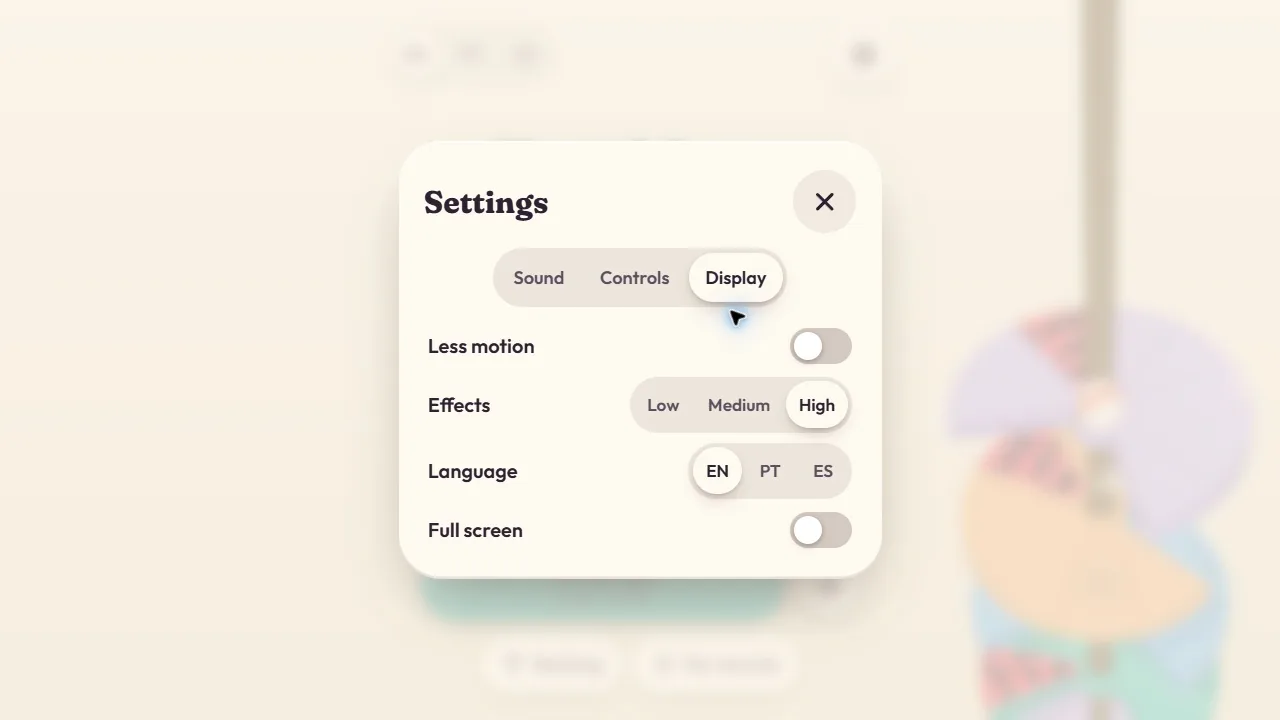 Einstellungen: Tabs für Sound, Steuerung und Anzeige, mit weniger Bewegung, Effektqualität, Sprache und Vollbild.