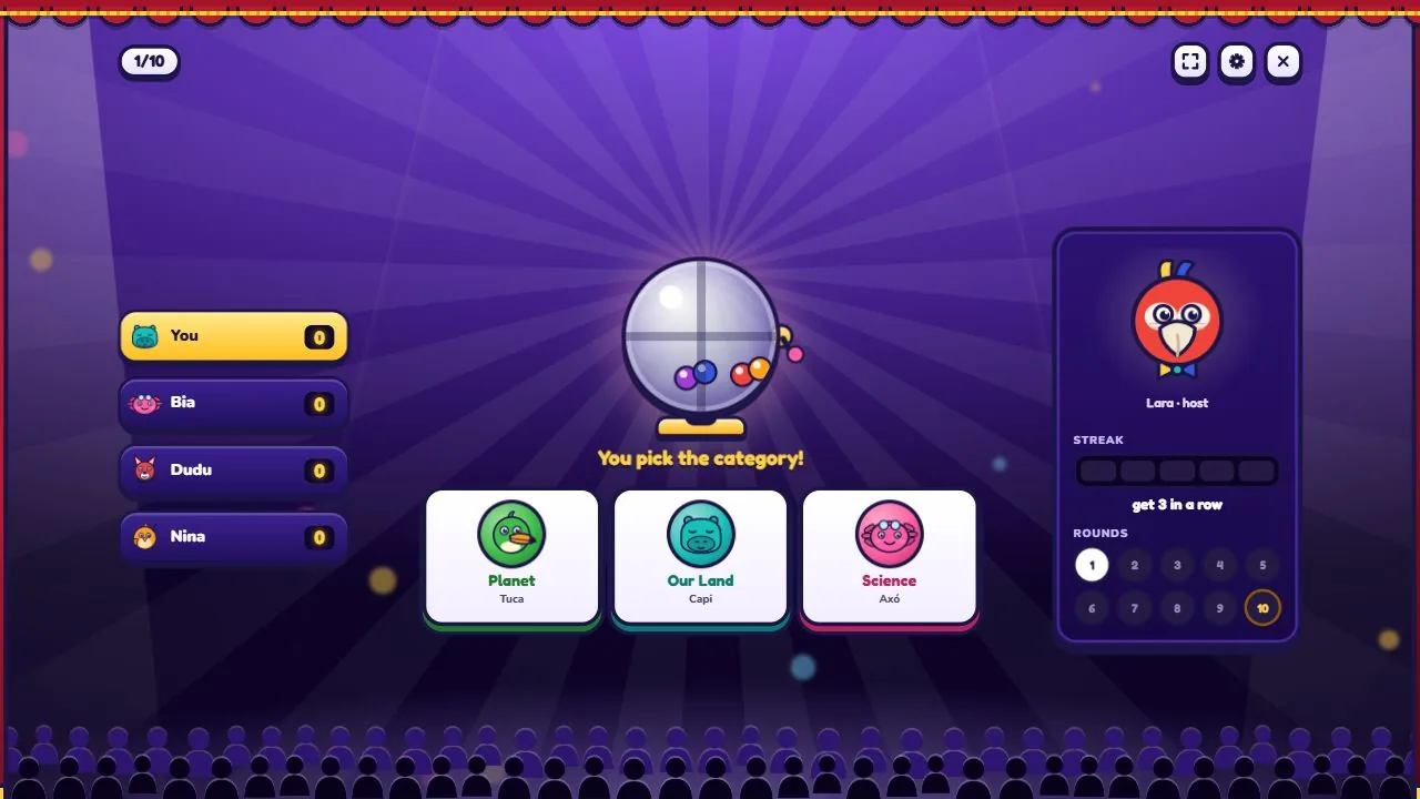 Last place picks the next category from the prize globe.