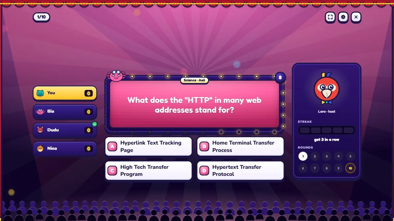 A multiple-choice question against three bots, with the host and the round tracker.