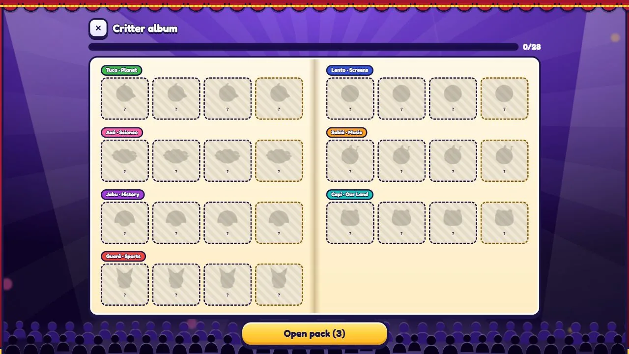 The critter album: 28 stickers to collect, seven categories with four each.